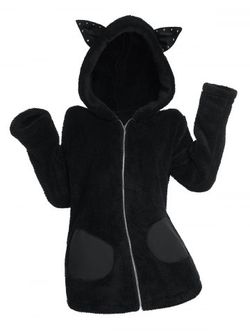 Manteau à Capuche Oreille D'Animal en Fausse Fourrure de Grande Taille avec Rivet - BLACK - 1X