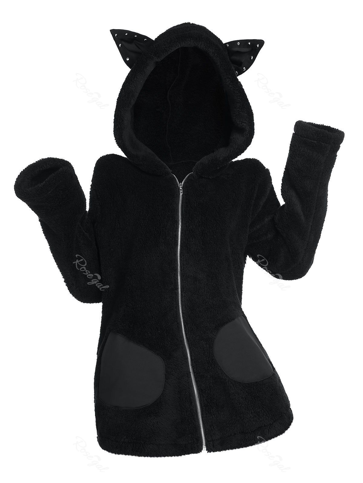 Manteau à Capuche Oreille D'Animal en Fausse Fourrure de Grande Taille avec Rivet Noir 3X