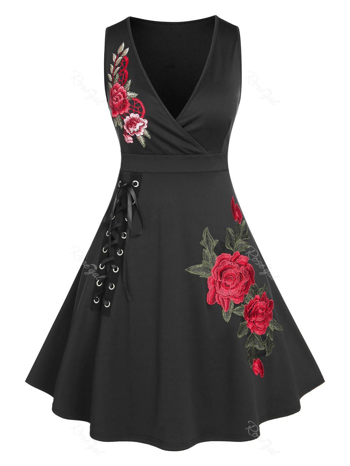 Trendy Plus Size Rose Embroidery Surplice Lace Up Dress  
