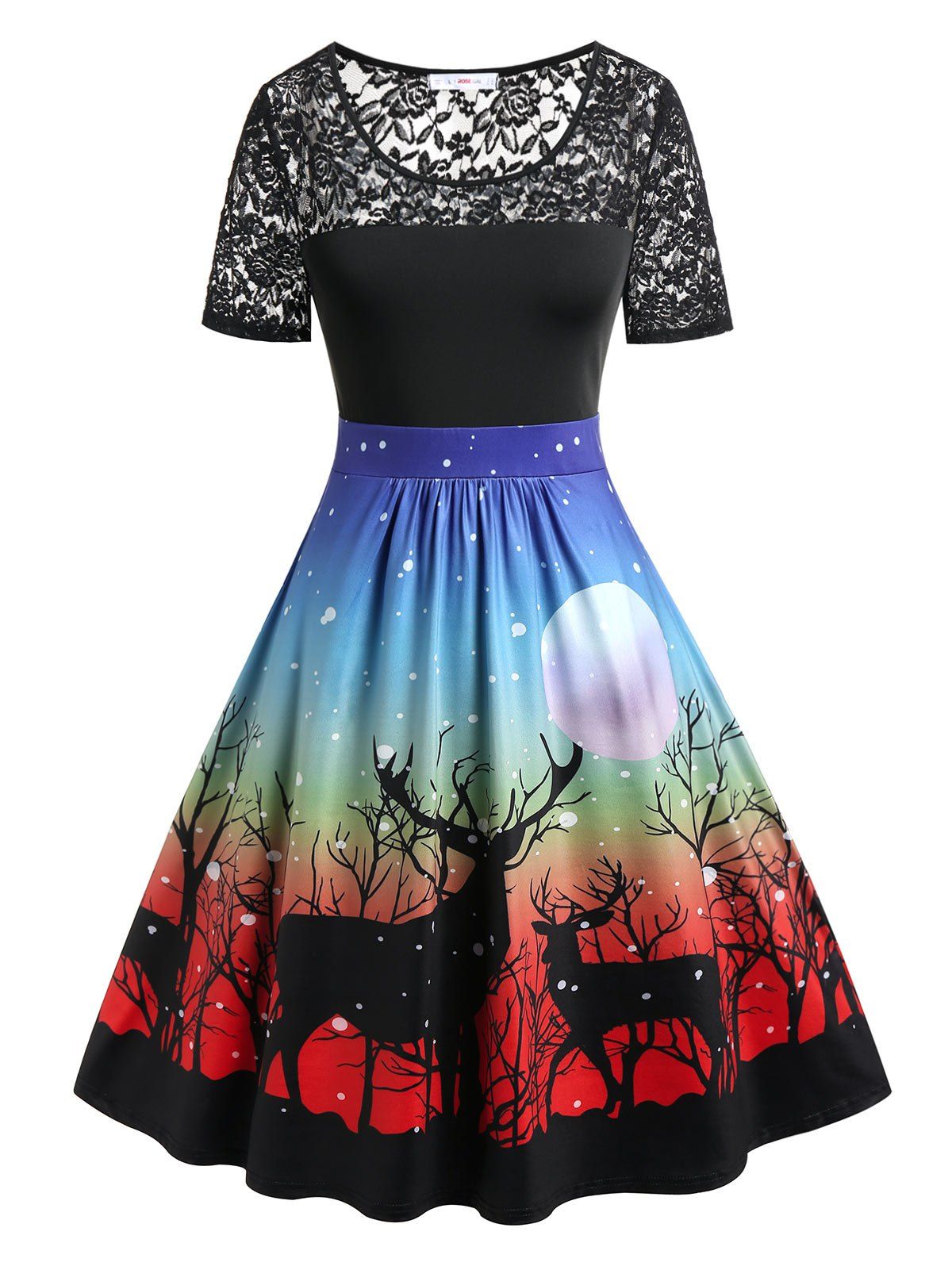 Outfit Plus Size Elk Print Lace Panel Christmas Midi Dress  