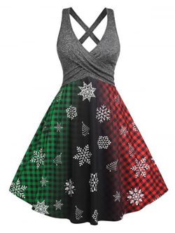 Plus Size Christmas Tree Snowflake Plaid Ombre Criss Cross Dress - MULTI - L