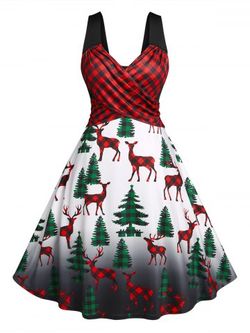 Plus Size Christmas Tree Elk Plaid Print Criss Cross Dress - RED - 1X