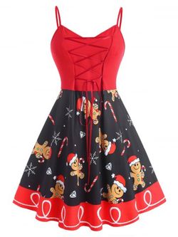 Christmas Cartoon Snowflake Lace Up Plus Size Dress - RED - 1X