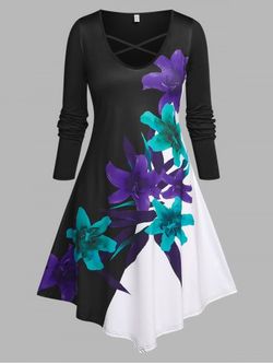 Plus Size Flower Print Criss Cross Asymmetric Dress - BLACK - L