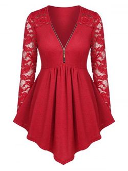 Plus Size Half Zip Lace Sleeve Draped Jersey Tunic T-shirt - RED - 3X