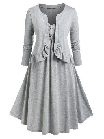 Plus Size Mock Button Empire Waist Dress with Ruffle Open Front Top - LIGHT GRAY - L