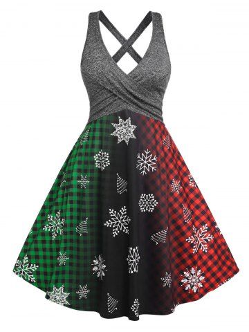 Plus Size Christmas Tree Snowflake Plaid Ombre Criss Cross Dress - MULTI - 2X