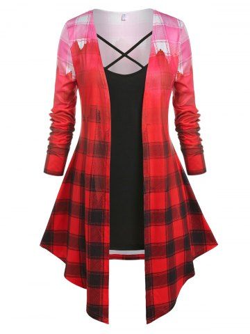 Plus Size Ombre Plaid Irregular Top and Crisscross Camisole Set - BLACK - L