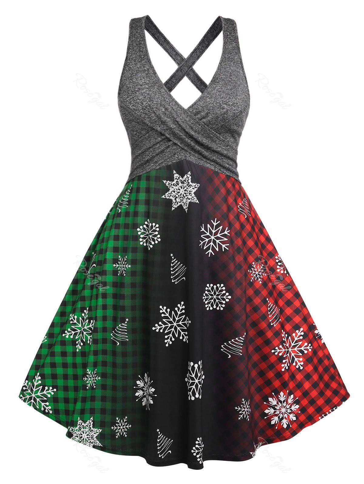 Cheap Plus Size Christmas Tree Snowflake Plaid Ombre Criss Cross Dress  