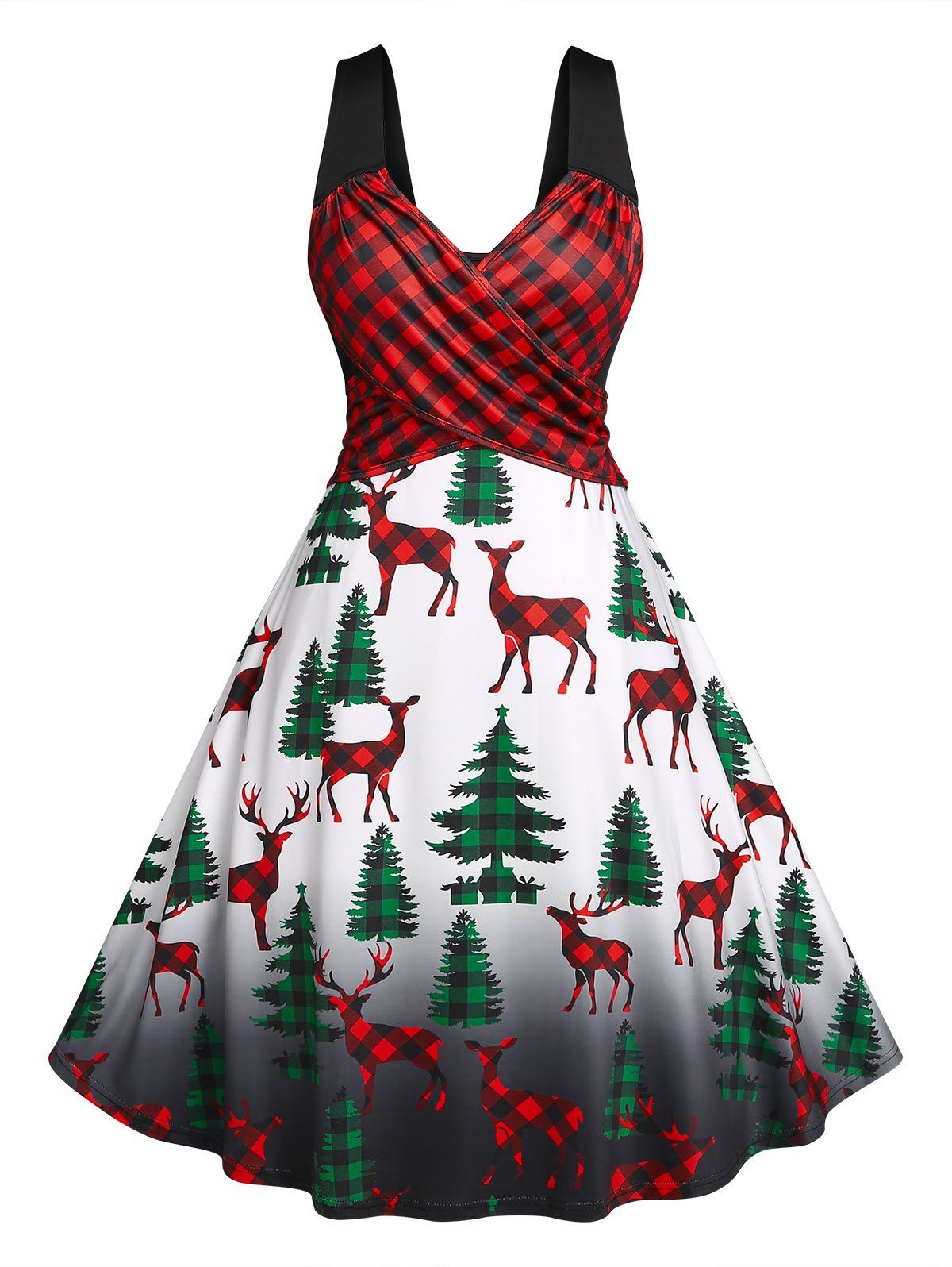 Online Plus Size Christmas Tree Elk Plaid Print Criss Cross Dress  