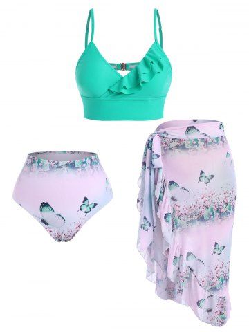 Floral Butterfly Print Mesh Ruffle Three Piece Tankini Swimwear - LIGHT GREEN - XL