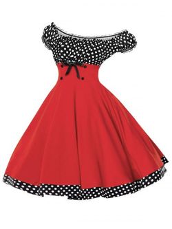 Plus Size Polka Dot Off The Shoulder Pin Up Dress - RED - 3X