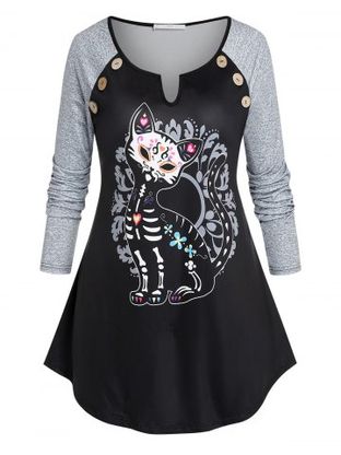 Plus Size Halloween Cat V Notch Buttoned Tunic Tee