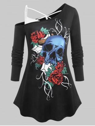 Plus Size Skull Rose Print Skew Neck Gothic Tee and Crisscross Camisole Set