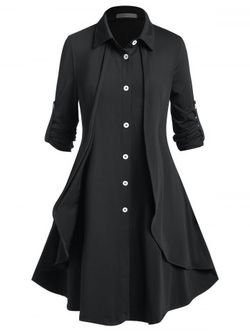 Plus Size Three Quarters Button Roll Up Sleeve Shirt Dress - BLACK - L