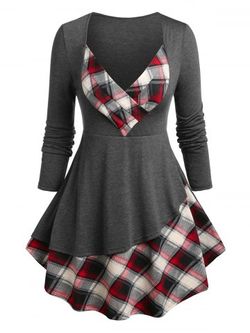 Plus Size Sweetheart Neck Plaid Patchwork Skirted T-shirt - GRAY - 2X