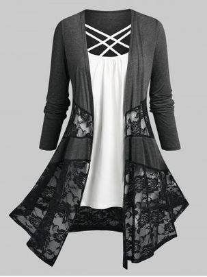 Plus Size Open Front Lace Panel Cardigan and Crisscross Tank Top