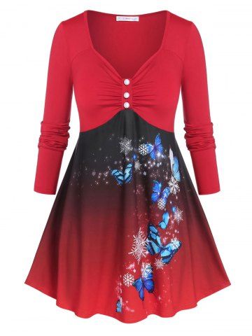 Plus Size Ombre Snowflake Butterfly Long Sleeve Tee - RED - 4X