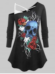 Plus Size Skull Rose Print Skew Neck Gothic Tee and Crisscross Camisole Set -  