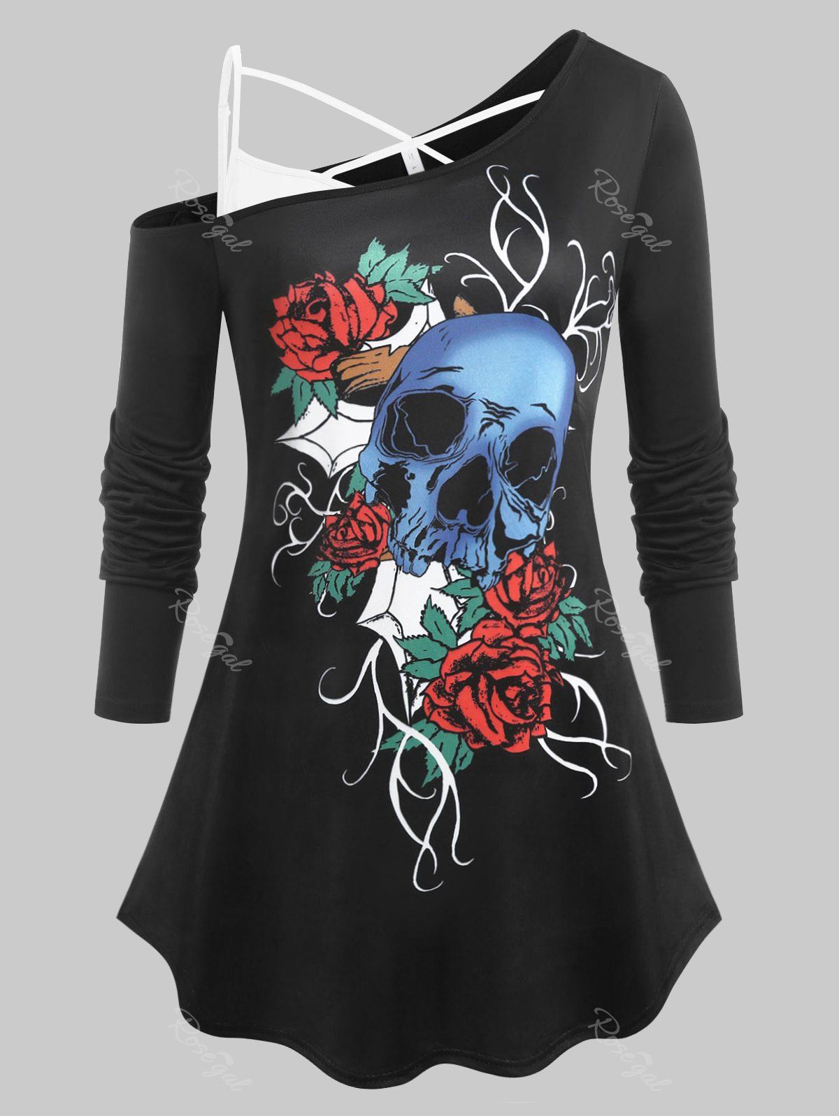 Affordable Plus Size Skull Rose Print Skew Neck Gothic Tee and Crisscross Camisole Set  