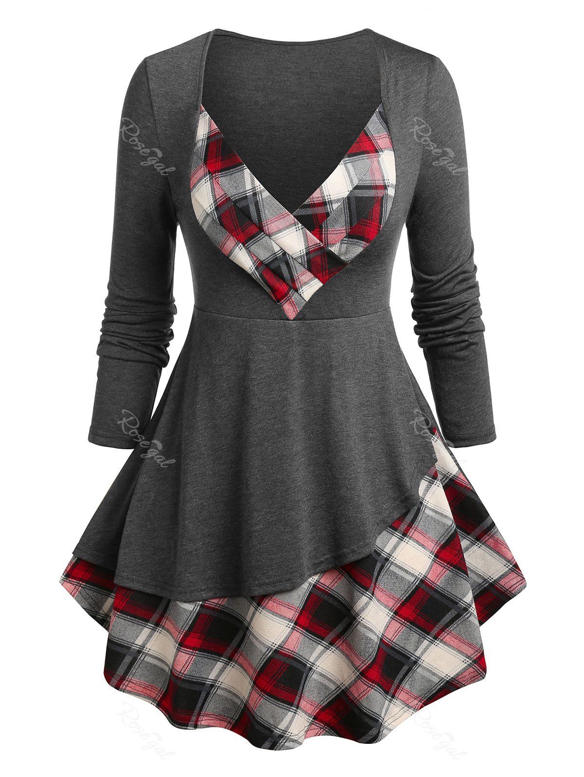 Sale Plus Size Sweetheart Neck Plaid Patchwork Skirted T-shirt  