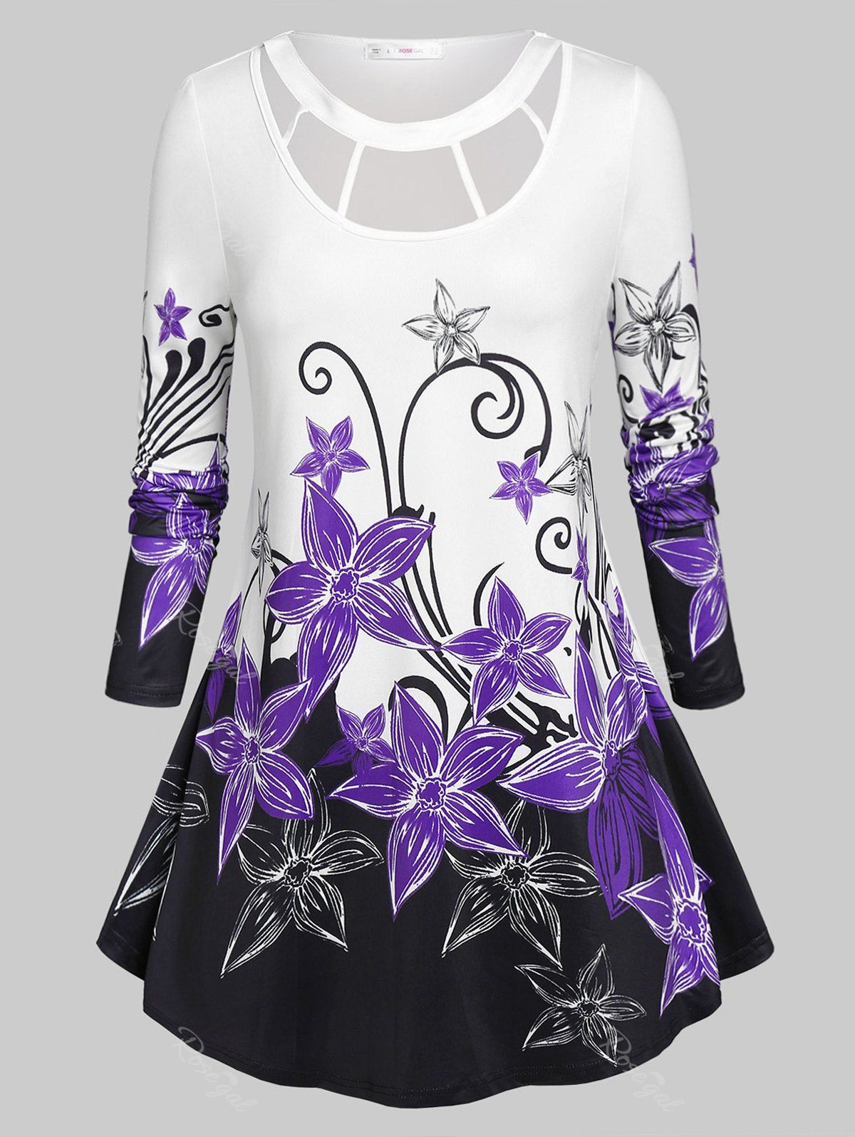 Online Plus Size Floral Pattern Cut Out Collar T-shirt  