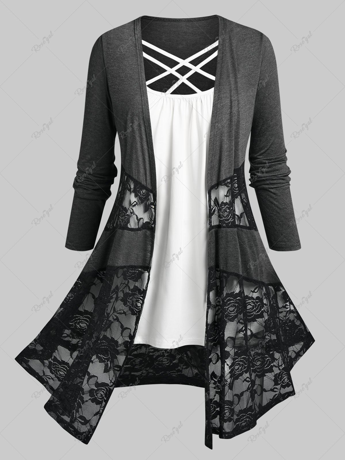 Online Plus Size Open Front Lace Panel Cardigan and Crisscross Tank Top  