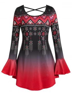 Plus Size Snowflake Print Ombre Color Bell Sleeve Christmas T-shirt - MULTI - L