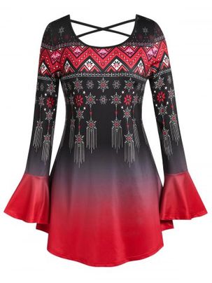 Plus Size Snowflake Print Ombre Color Bell Sleeve Christmas T-shirt