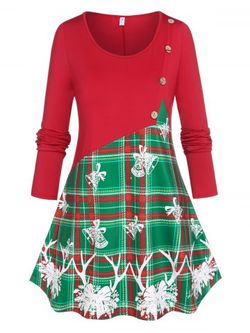 Plus Size Christmas Plaid Tinkle Bell Long Sleeve Tee - RED - 1X