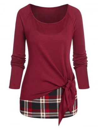 Plus Size Jersey Raglan Sleeve T-shirt and Plaid Cami Top Set