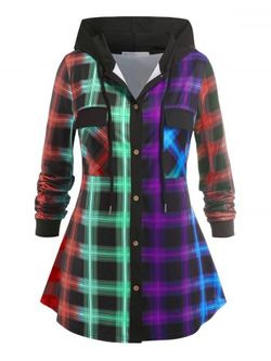 Plus Size Hooded Ombre Color Plaid Shirt - PURPLE - 1X