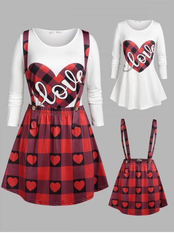 Plus Size Heart Print T-shirt and Plaid Suspender Skirt Set - DEEP RED - 5X