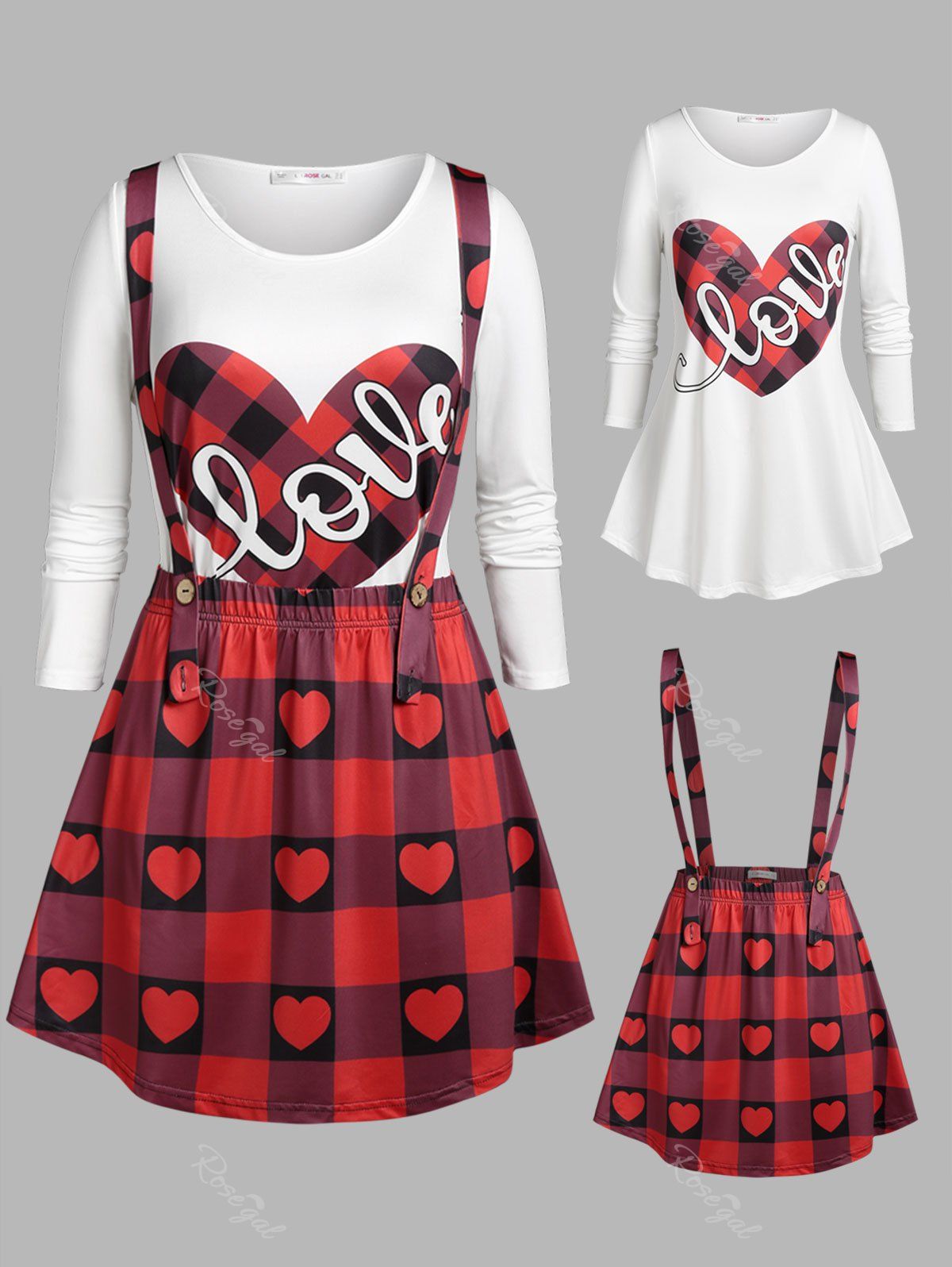 Fancy Plus Size Heart Print T-shirt and Plaid Suspender Skirt Set  