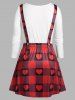 Plus Size Heart Print T-shirt and Plaid Suspender Skirt Set -  