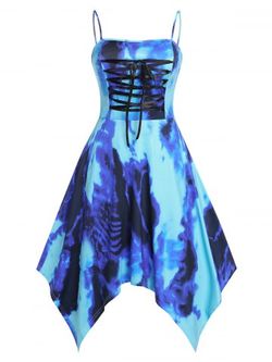 Plus Size&Curve Lace Up Tie Dye Handkerchief Dress - BLUE - L