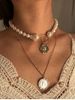 Portrait Charm Faux Pearl Layered Necklace -  