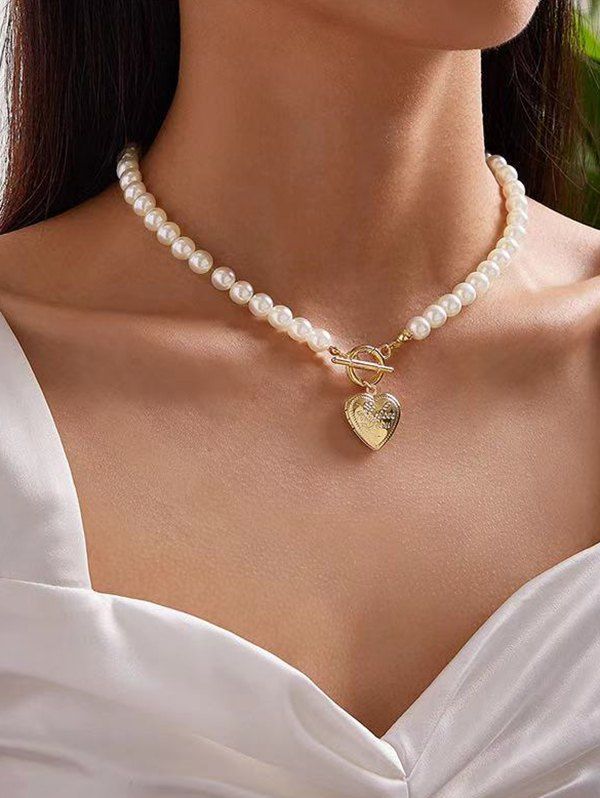 Online Heart Pendant Faux Pearl Lariat Necklace  