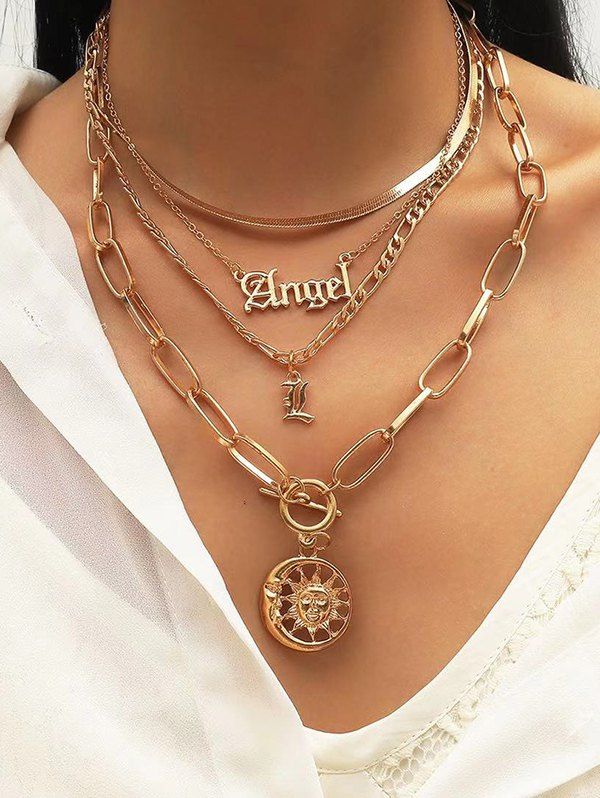 Cheap Letters Sun Moon Hollow Out Multilayered Necklace  
