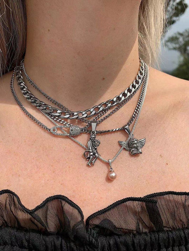 Shop Faux Pearl Devil Angel Charm Multilayered Necklace  