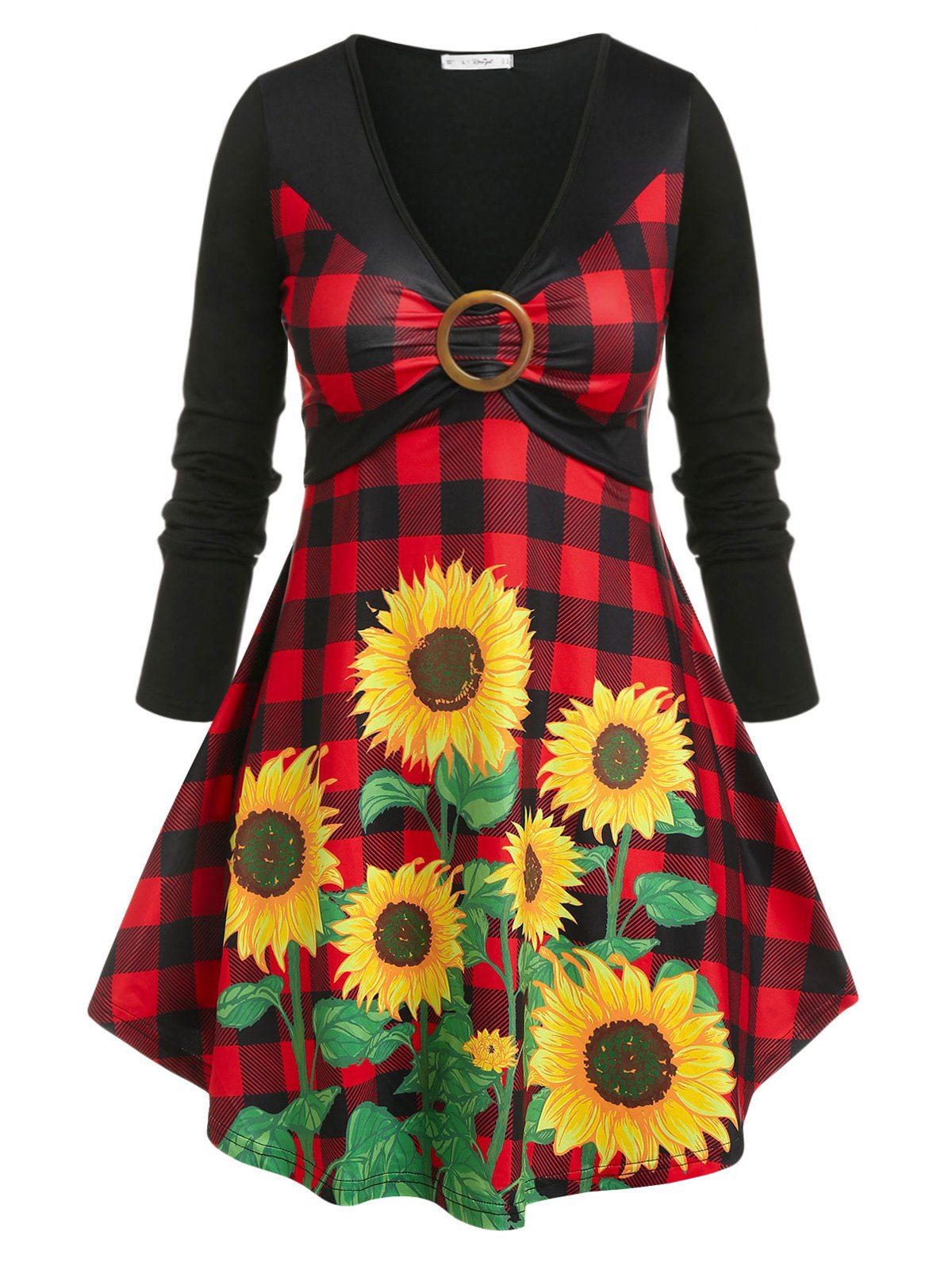 Outfit Plus Size Sunflower Plaid Print O Ring T Shirt  