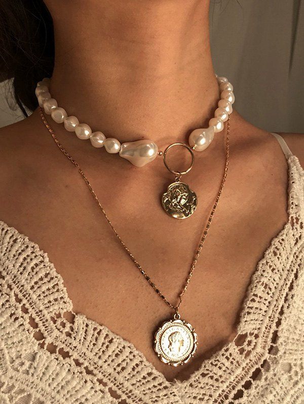 Shops Portrait Charm Faux Pearl Layered Necklace  