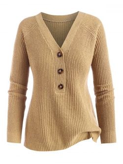 Plus Size Raglan Sleeve Half Button V Neck Jumper Sweater - LIGHT COFFEE - 3XL