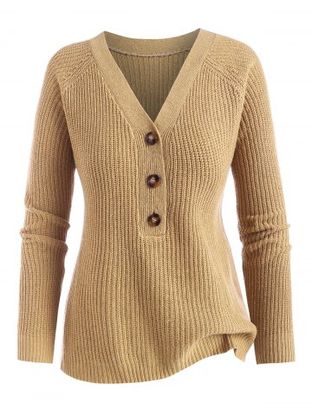 Plus Size Raglan Sleeve Half Button V Neck Jumper Sweater