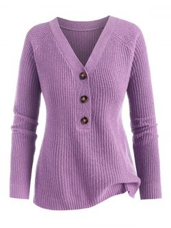 Plus Size Raglan Sleeve Half Button V Neck Jumper Sweater - PURPLE - XL