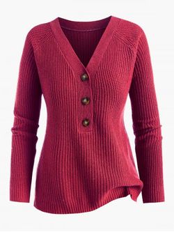 Plus Size Raglan Sleeve Half Button V Neck Jumper Sweater - RED - 2XL