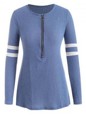 Plus Size Knitted Striped Half Zip T Shirt