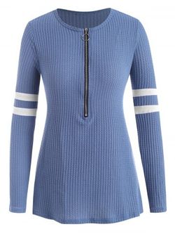 Plus Size Knitted Striped Half Zip T Shirt - BLUE - 5XL