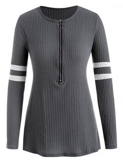 Plus Size Knitted Striped Half Zip T Shirt - GRAY - 4XL