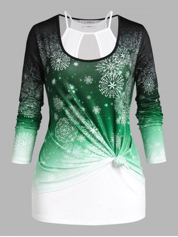 Plus Size Snowflake Print Christmas T-shirt  and Keyhole Tank Top Set - GREEN - 4X